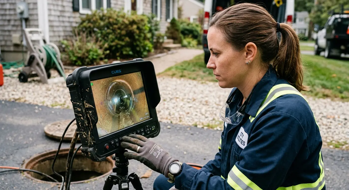 Technician reviewing sewer camera inspection footage in North Tonawanda