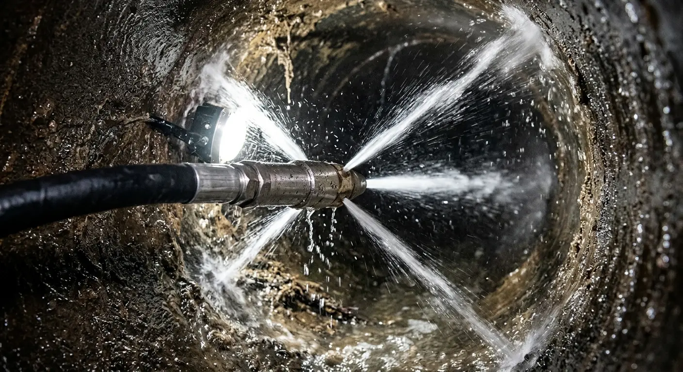 High-pressure hydro jetting nozzle cleaning sewer pipe for Sewer Cleanout in North Tonawanda