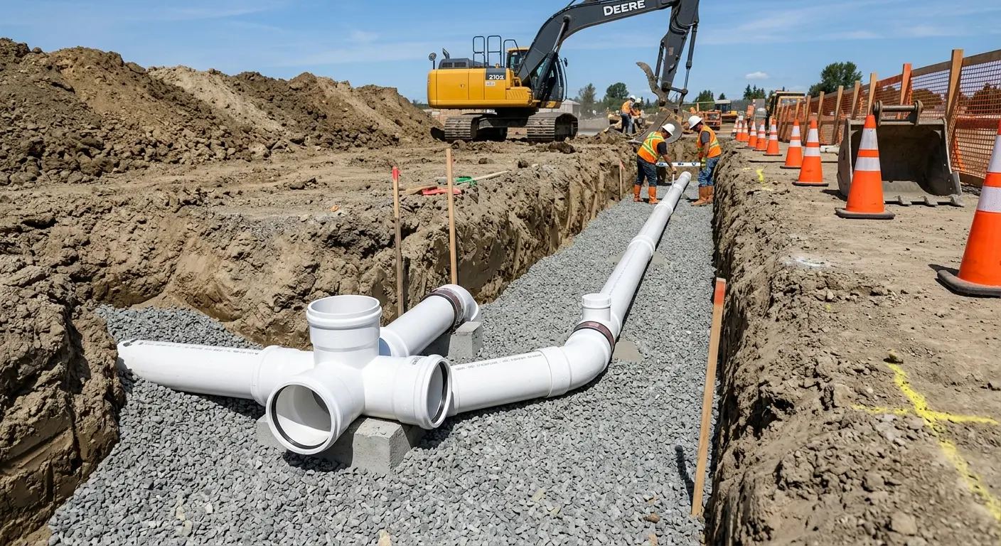 New PVC sewer pipe installation in open trench for Commercial Drain Cleaning in North Tonawanda