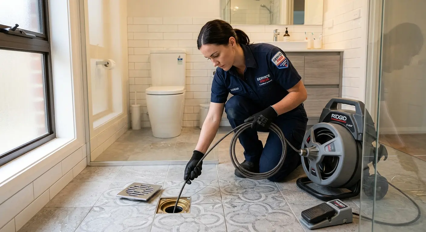 Technician clearing a bathroom floor drain for Hydro Jetting in North Tonawanda